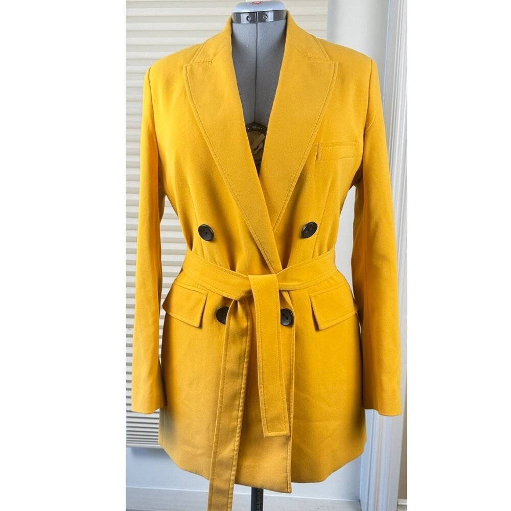 Double-Breasted Belted Mustard Women's Blazer Coat